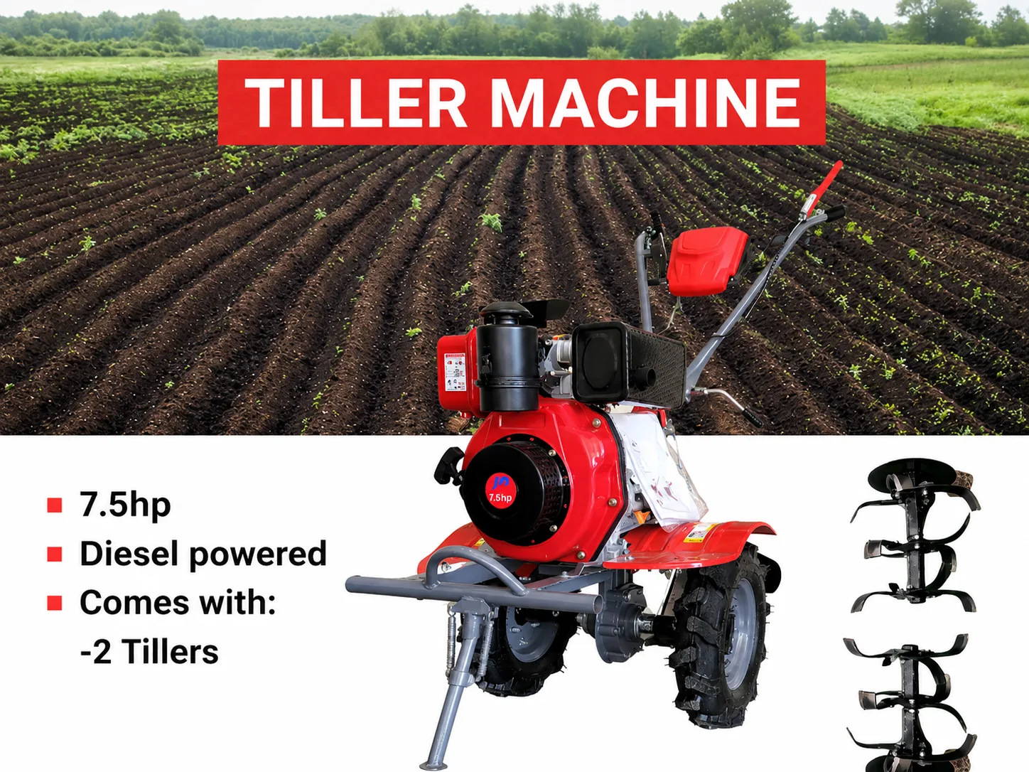 Jadi JD Power Tiller Diesel Powered 7.5HP Engine With 2 Tillers